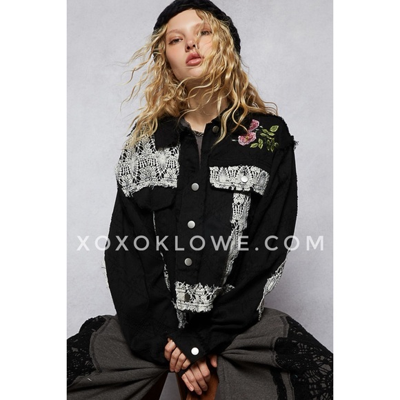 POL Black Denim JacketCrochet Lace Patch Floral Embroidered
